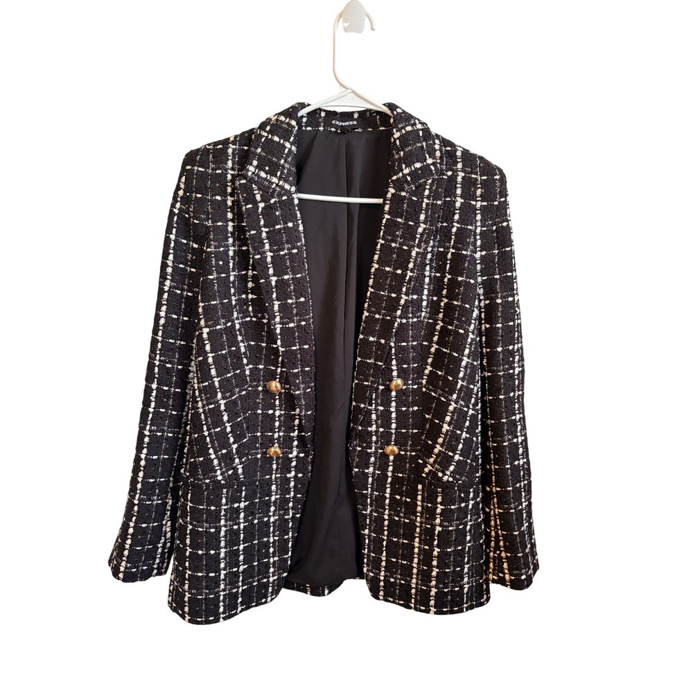 EXPRESS‎ Women's Black White Plaid Tweed Blazer Jacket Sequins Gold Buttons SZ S